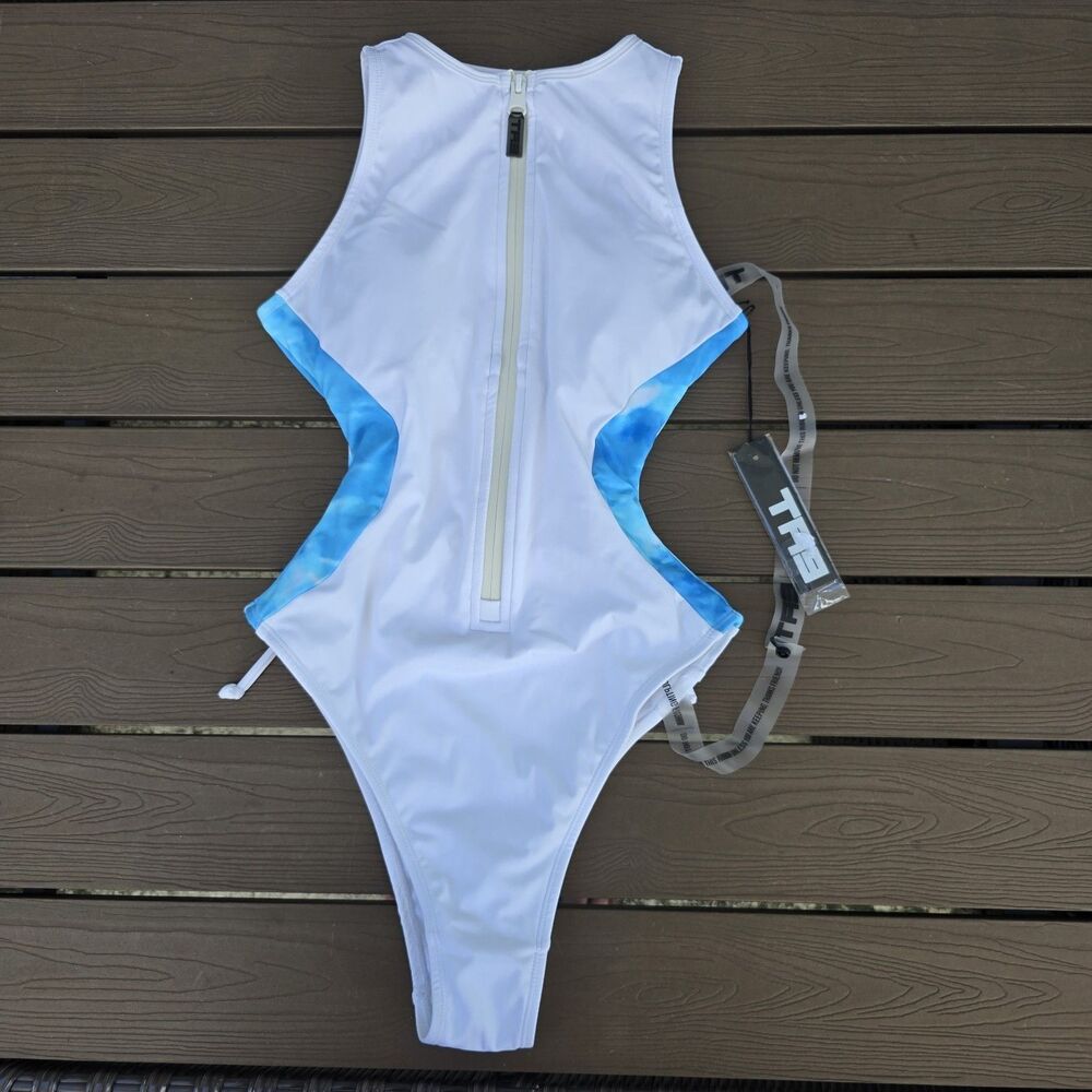 TA3 Sleeveless Surfy Shapewear Corset 1 Piece Swim Hi Cut Pool/white Sz XS New